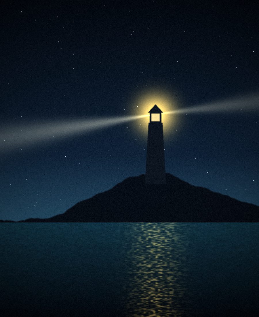 Phare allumé sur un promontoire, faisceaux lumineux dans un ciel étoilé