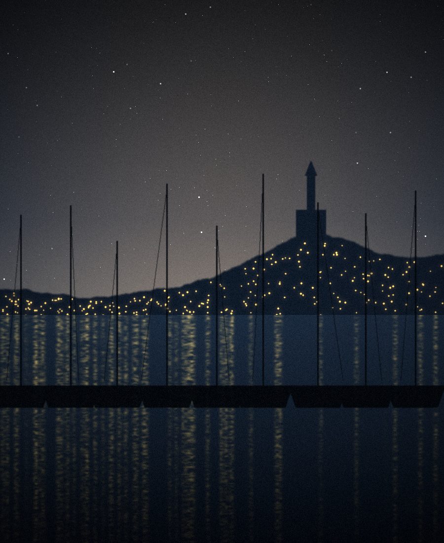 Port de plaisance la nuit, mâts de voiliers devant une colline illuminée