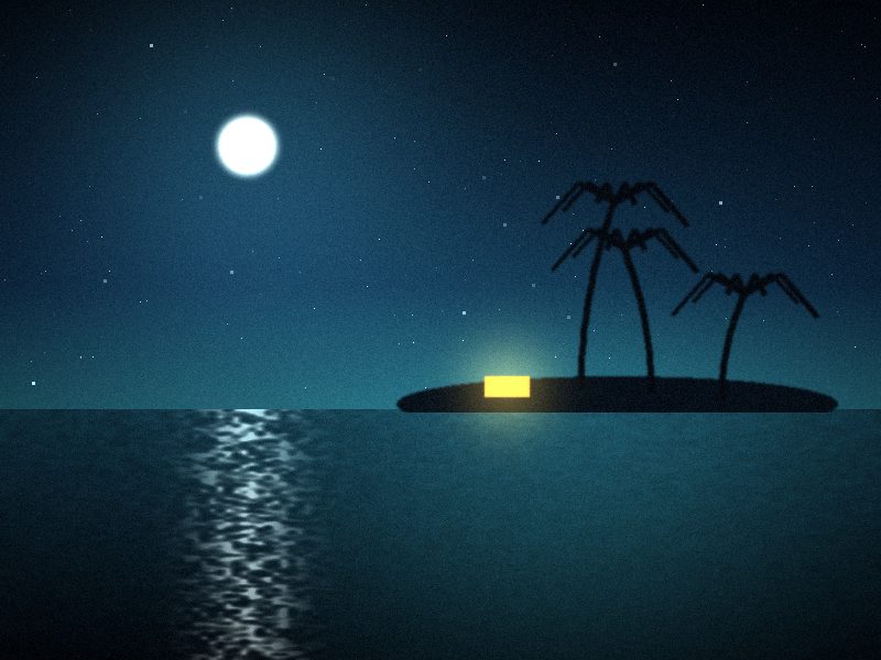 Petite île aux palmiers sous la lune, cabane éclairée au bord de l’eau