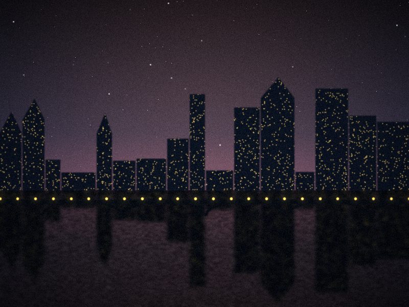 Silhouette d’une ville illuminée se reflétant dans un fleuve, pont éclairé